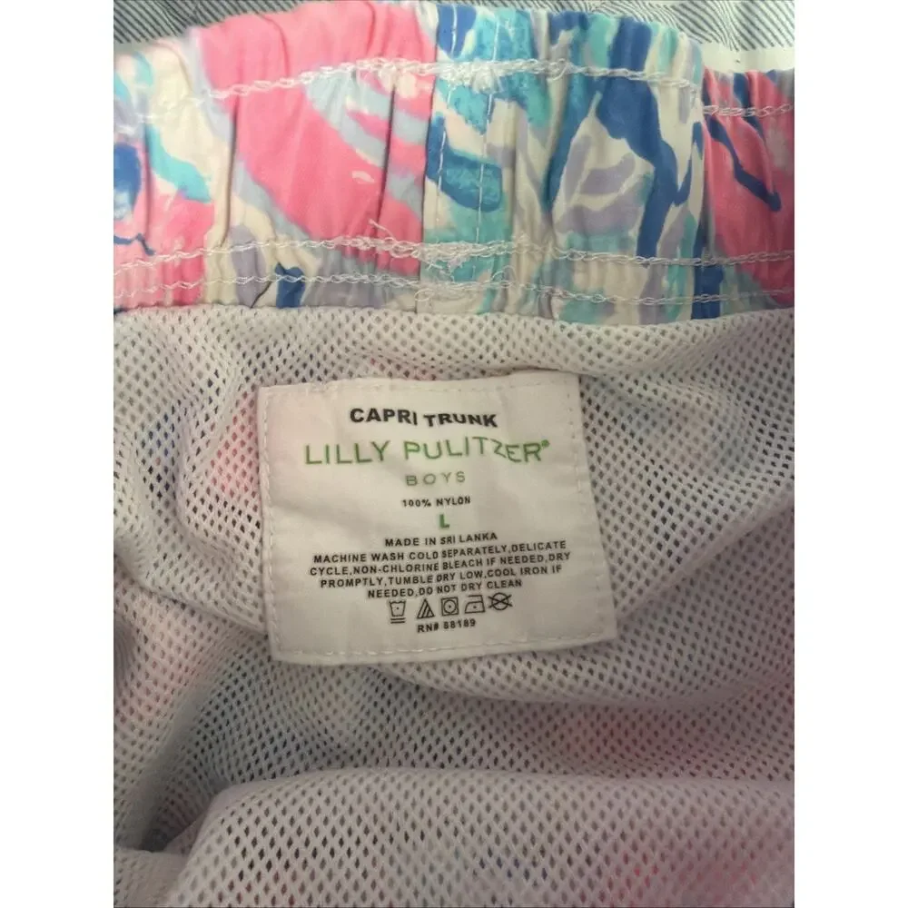 Lilly Pulitzer Capri Swim Trunks Boys Kids L Cosmic Coral Cracked Up Pink Blue